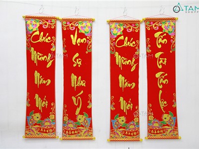 Bộ 2 câu đối thư pháp vải nhung Chúc Mừng Năm Mới D95cm T-CĐ-22